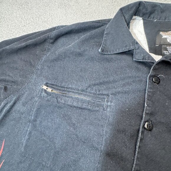 Harley Davidson Shirt Men Large Black‎ Orange Flames Script Bar Shield Zip Short - Picture 10 of 16